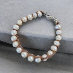 White pearl and brown leather woven bracelet